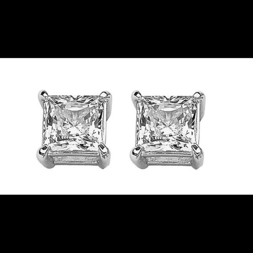 White Gold Plated Silver CZ Princess Cut  Studs